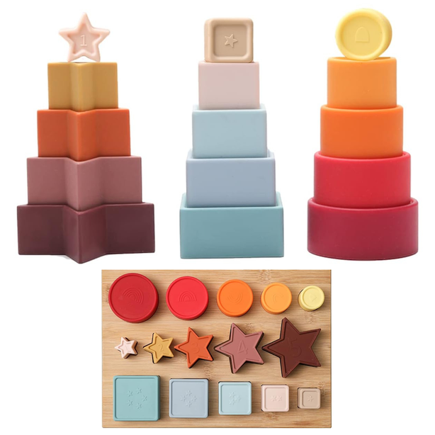 StitchesandTweed Shape Puzzles Silicone Stacking Cups Soft Nesting Cups Rainbow Montessori Shapes Recognition for Baby Toddler