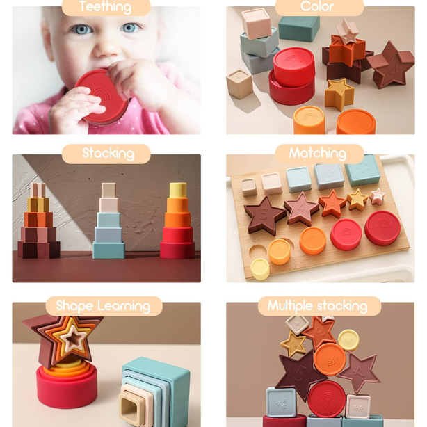 StitchesandTweed Shape Puzzles Silicone Stacking Cups Soft Nesting Cups Rainbow Montessori Shapes Recognition for Baby Toddler
