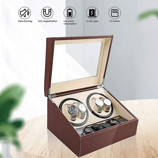 StitchesandTweed Automatic Watch Winder, 4+6 Watches Storage Display Box - Brown