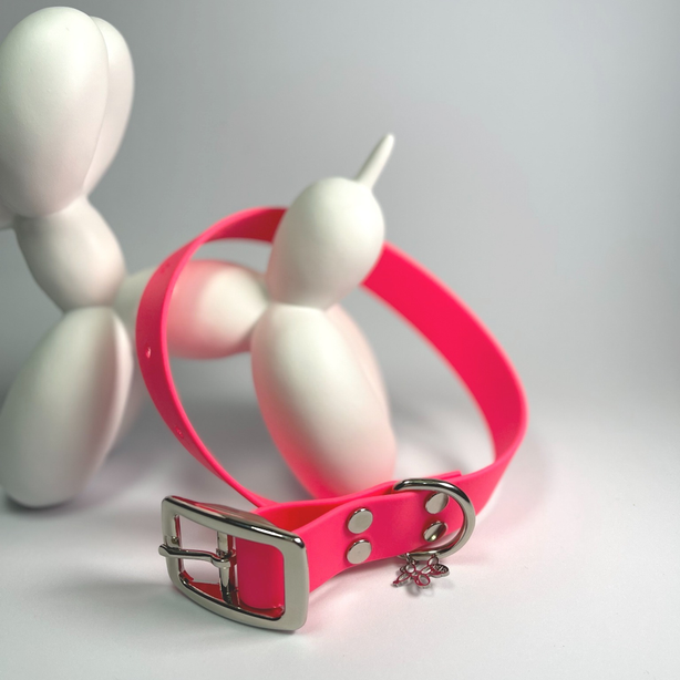 LEASh Pet Collar Biothane - Ultra Pink Silver Hardware