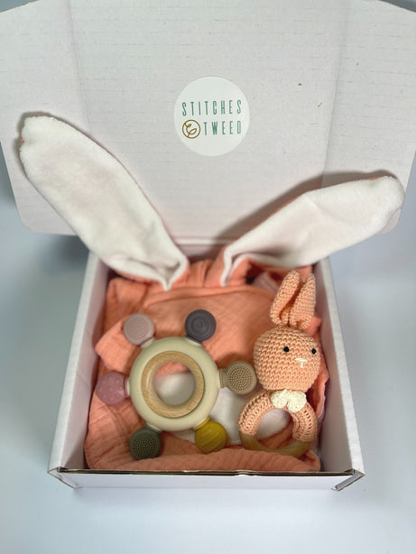 StitchesandTweed Baby Gift Set Pink Bunny Comforter Silicone Teether Rattle