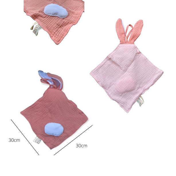 StitchesandTweed Baby Gift Set Pink Bunny Comforter Silicone Teether Rattle