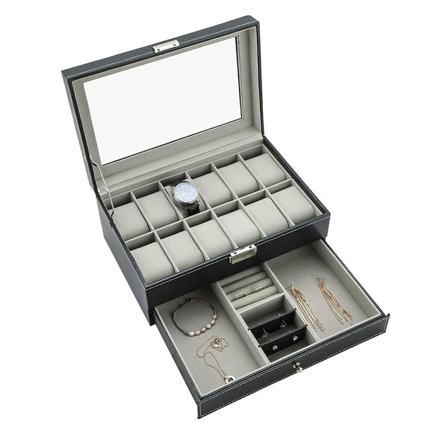 StitchesandTweed 12 Slot Watch Box 2 Tier Organizer - Black
