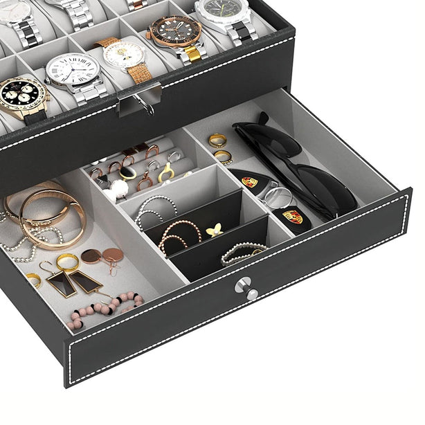 StitchesandTweed 12 Slot Watch Box 2 Tier Organizer - Black