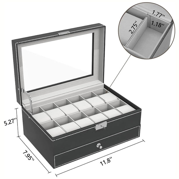 StitchesandTweed 12 Slot Watch Box 2 Tier Organizer - Black