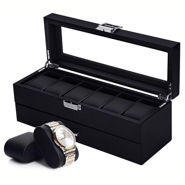 StitchesandTweed 6 Slot Watch Box 2 Tier Organizer - Matte Black