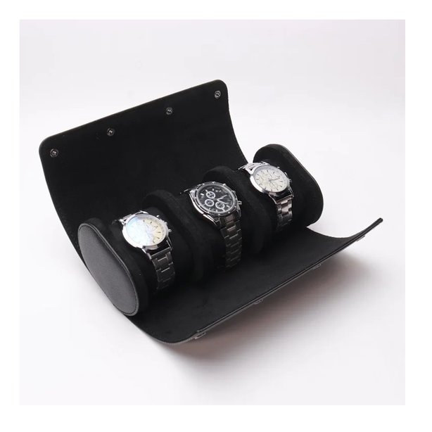 StitchesandTweed Leather 3 Slot Watch Roll Holder Organizer - Black