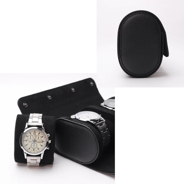 StitchesandTweed Leather 3 Slot Watch Roll Holder Organizer - Black