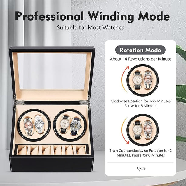 StitchesandTweed Automatic Watch Winder, 4+6 Watches Storage Display Box - Black