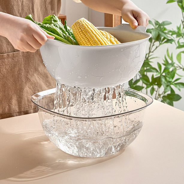 2-in-1 kitchen Strainer/ Colander & Bowl Sets, Large Plastic Washing Bowl and basket, Detachable for Fruits Vegetable Cleaning Washing Mixing