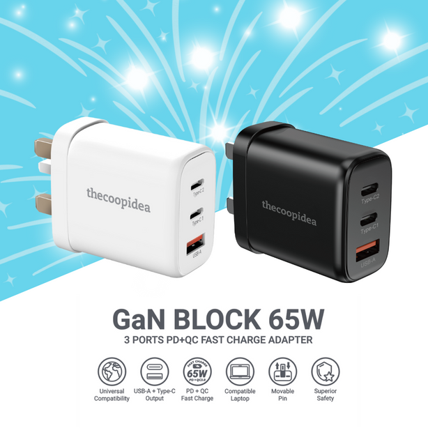 thecoopidea GaN BLOCK 65W 3 Ports PD+QC Fast Charge Adapter