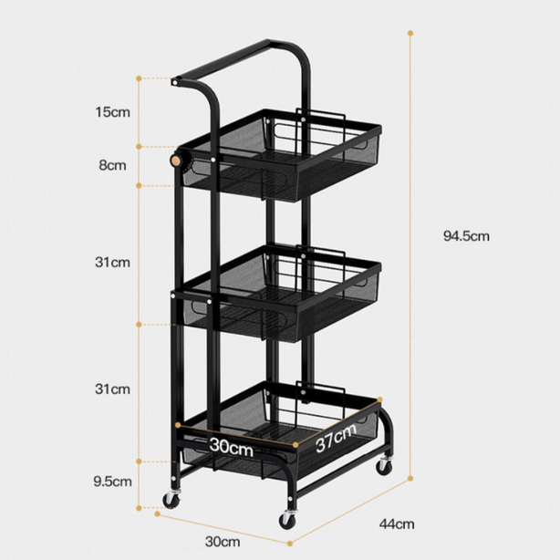 3 Tier Collapsible Trolley Cart Storage Rack Tray Shelf