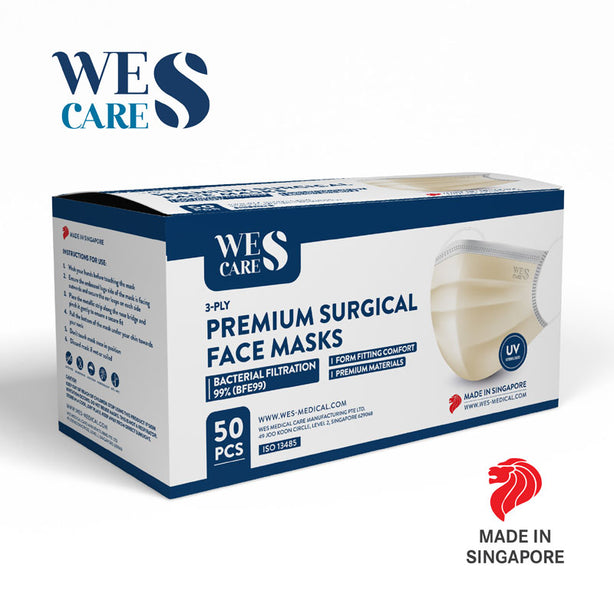 Wes Cares 3Ply Premium Surgical Face Masks Gold Beige [100Pc] BFE 99.9% UV Sterilised