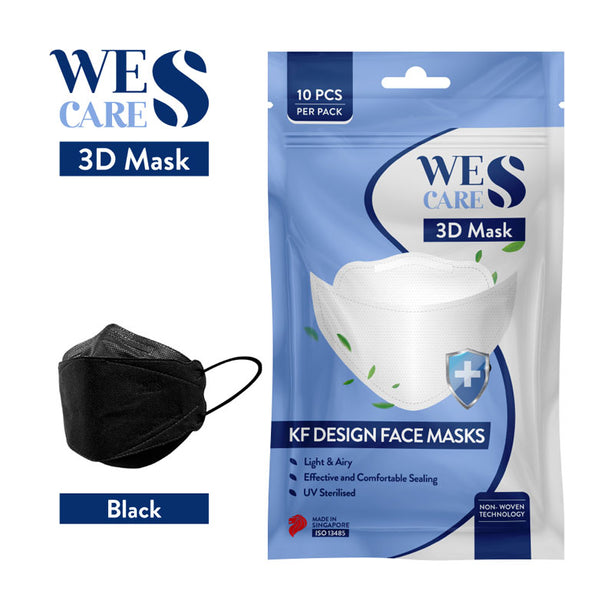 Wes Cares 3D Premium Face Mask Black Edition [20Pc] (KF94 Design) | Made In Singapore | BFE 99.9% UV Sterilised