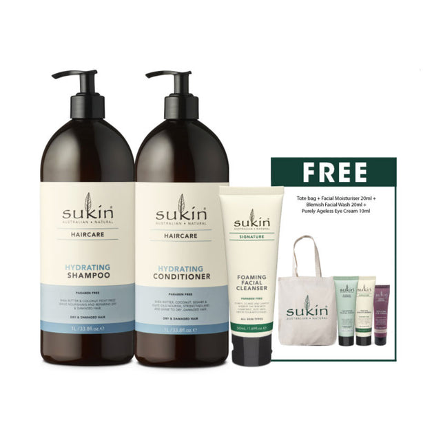 Sukin Hydrating Shampoo 1L + Hydrating Conditioner  1L + Foaming Facial Cleanser 50ml (Bundle Deal)
