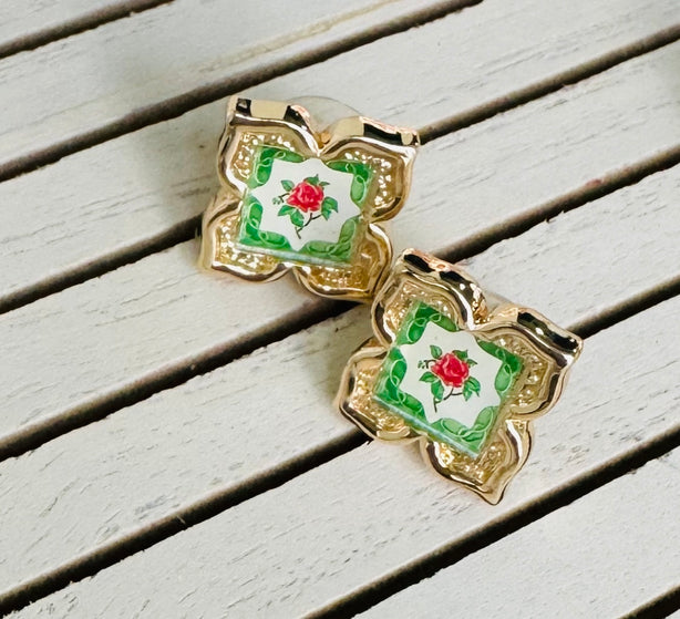 [Rare Bird Collection] Peranakan Floral Stud - Emerald