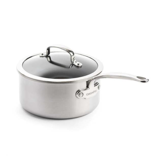 GreenPan Premiere 20cm SaucePan with Lid, Stainless Steel [PFAS FREE]
