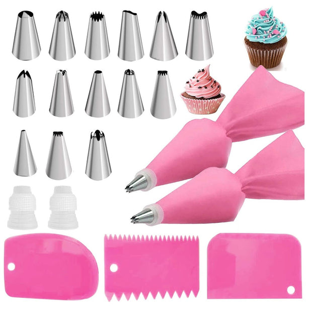 StitchesandTweed Reusable Pastry Bag Silicone Piping Tool Kit Cake Decoration with Cake Scraper - Fuscia Pink