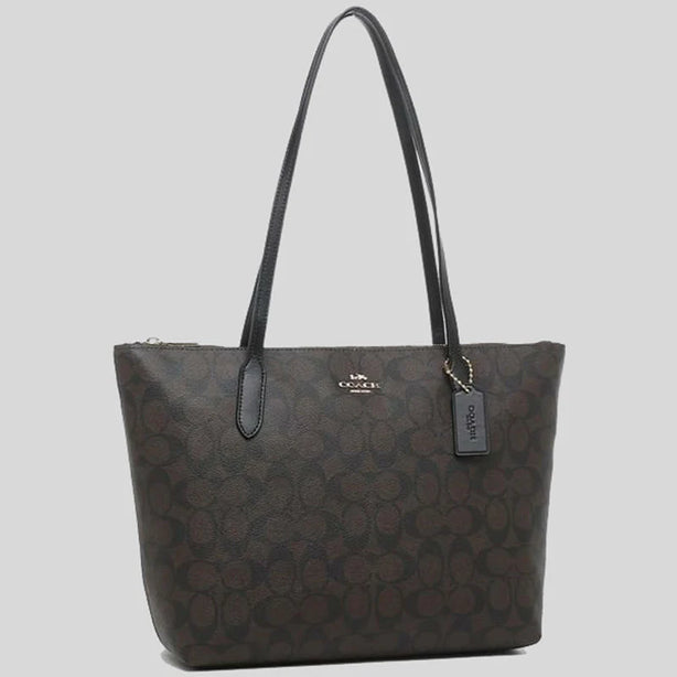 Coach Zip Top Tote In Signature Canvas Brown Black RS-4455