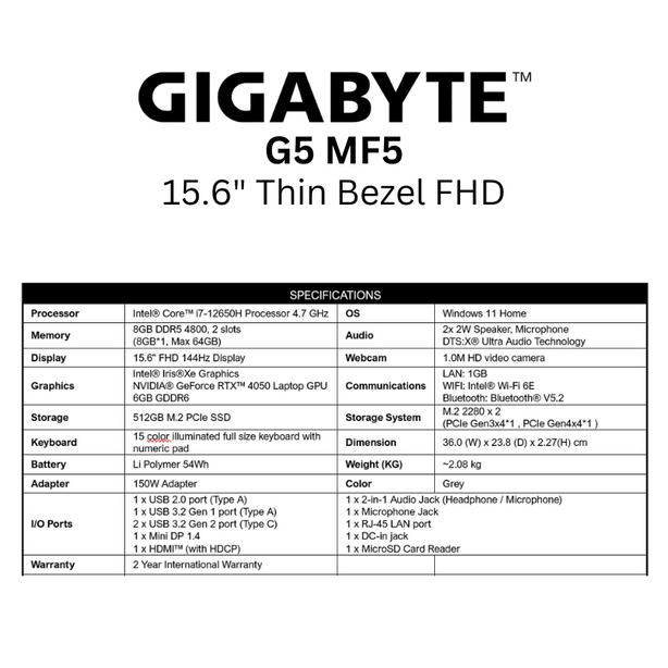 GIGABYTE G5 MF5 15.6