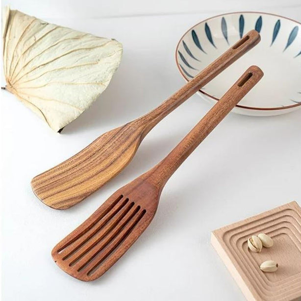 StitchesandTweed Wooden Spurtle Set, Slotted Spatula Kitchen Tools