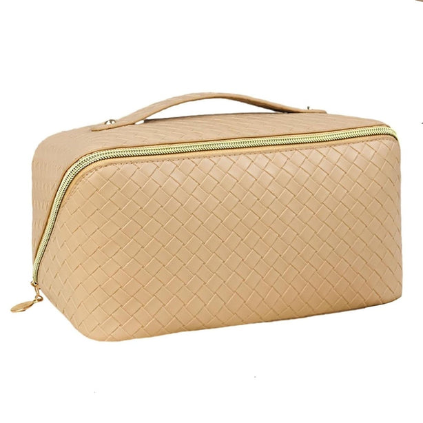 StitchesandTweed Travel Cosmetic Bag, Large Capacity Vegan Leather Travel Make Up Bag, Cosmetic Storage Bag with Carrying Handle - Paille