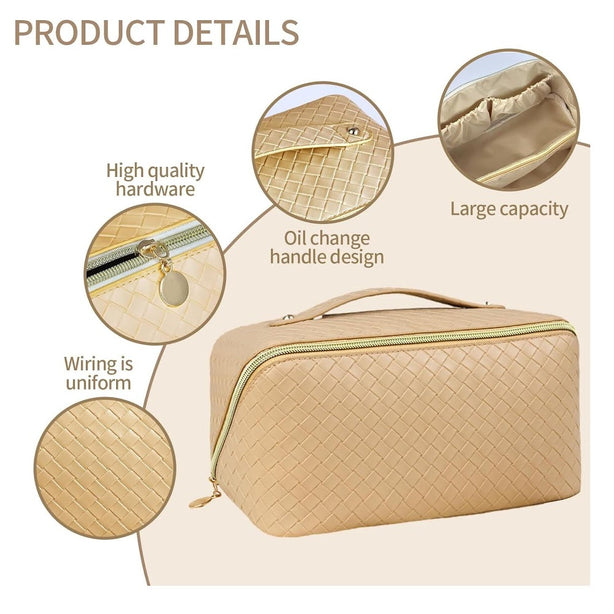 StitchesandTweed Travel Cosmetic Bag, Large Capacity Vegan Leather Travel Make Up Bag, Cosmetic Storage Bag with Carrying Handle - Paille