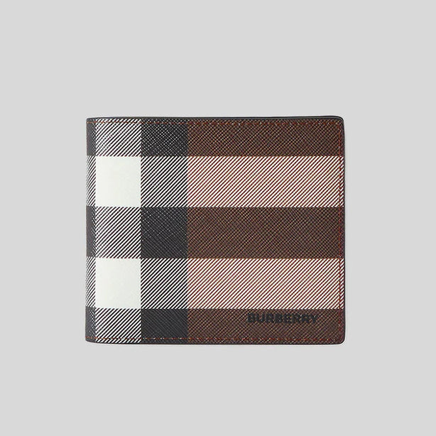 BURBERRY Men's Reg CC Check and Leather Bifold Wallet Dark Birch Brown RS-8052790