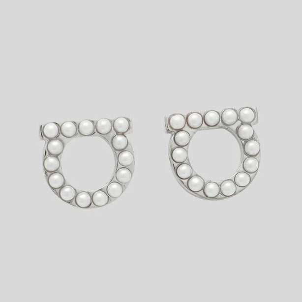 FERRAGAMO Gancini Crystals and Pearls Earrings Palladium RS-760125