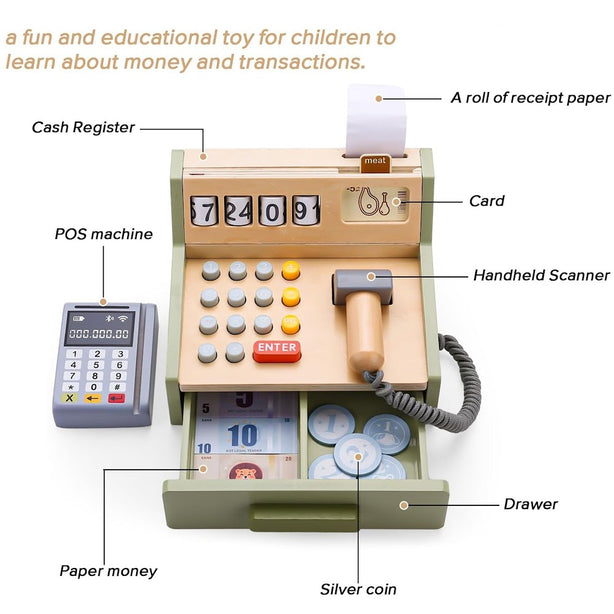 StitchesandTweed Toy Cash Register - Pretend Play POS System with Credit Card and Scanner
