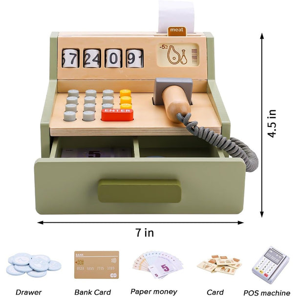 StitchesandTweed Toy Cash Register - Pretend Play POS System with Credit Card and Scanner