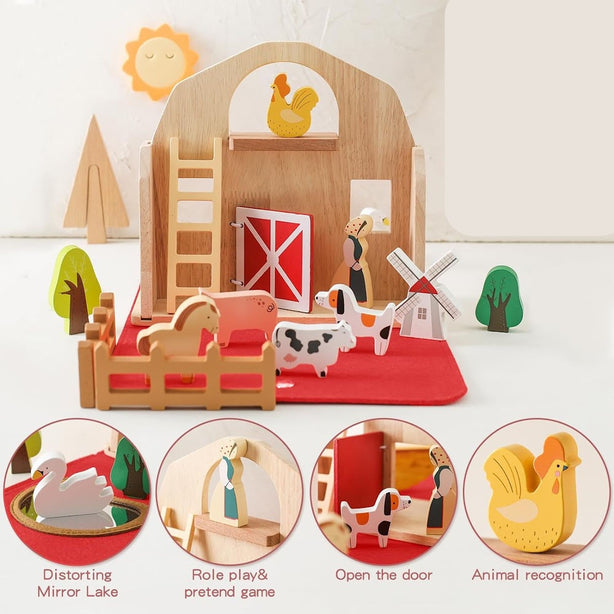 StitchesandTweed Wooden Barn Farm Animals Toys Set