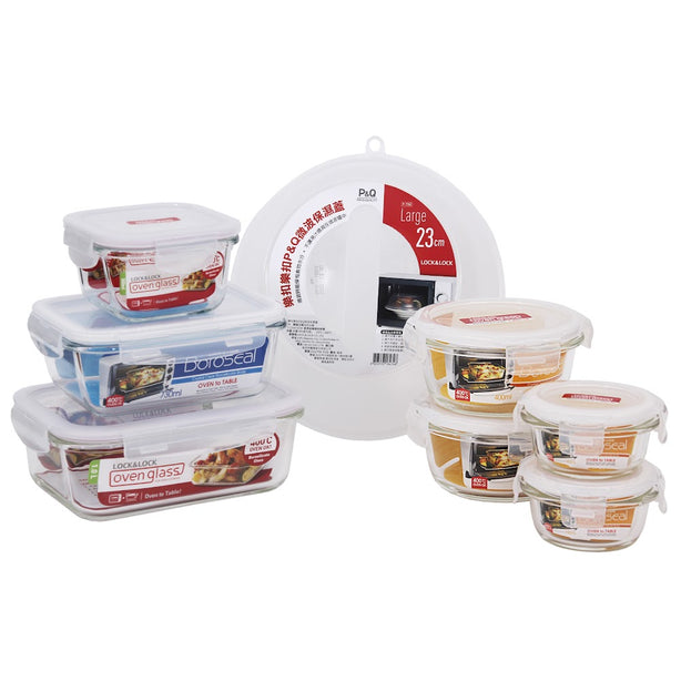 Locknlock 7P Airtight Glass Food Container + Microwave Cover 1 P