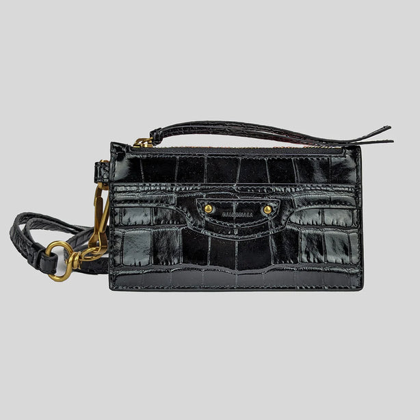 BALENCIAGA Crocodile Embossed Leather Lanyard Card Holder Black RS-655246