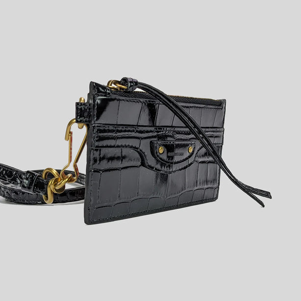 BALENCIAGA Crocodile Embossed Leather Lanyard Card Holder Black RS-655246