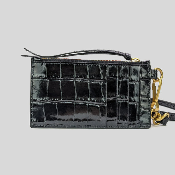 BALENCIAGA Crocodile Embossed Leather Lanyard Card Holder Black RS-655246