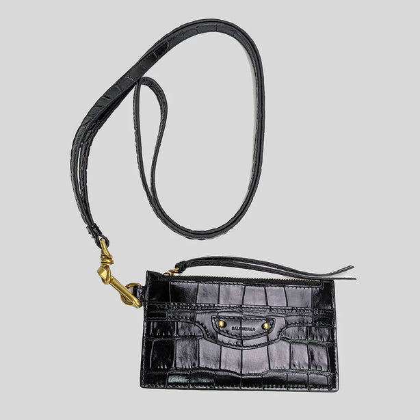 BALENCIAGA Crocodile Embossed Leather Lanyard Card Holder Black RS-655246