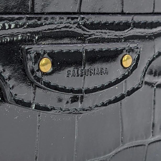 BALENCIAGA Crocodile Embossed Leather Lanyard Card Holder Black RS-655246