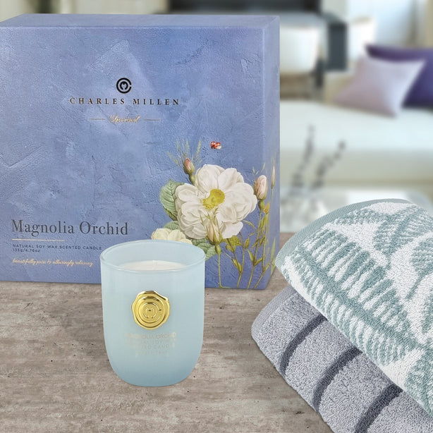 Charles Millen Signature Collection Unwind Home Spa Indulgence Candle + Hand Towel Gift Set, Claude Teal