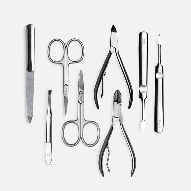 Giesen & Forsthoff Timor® 8-piece Manicure Set with sapphire nail file, in Black Cowhide Leather Zipper Pouch