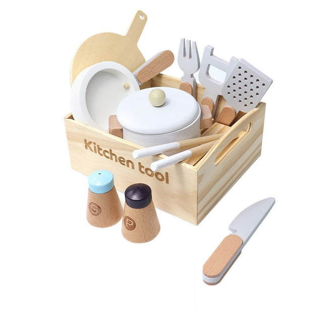 StitchesandTweed Wooden Play Tools for Kids Kitchen, Food Cutting Cooking Toy Set
