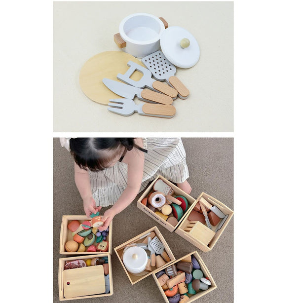 StitchesandTweed Wooden Play Tools for Kids Kitchen, Food Cutting Cooking Toy Set