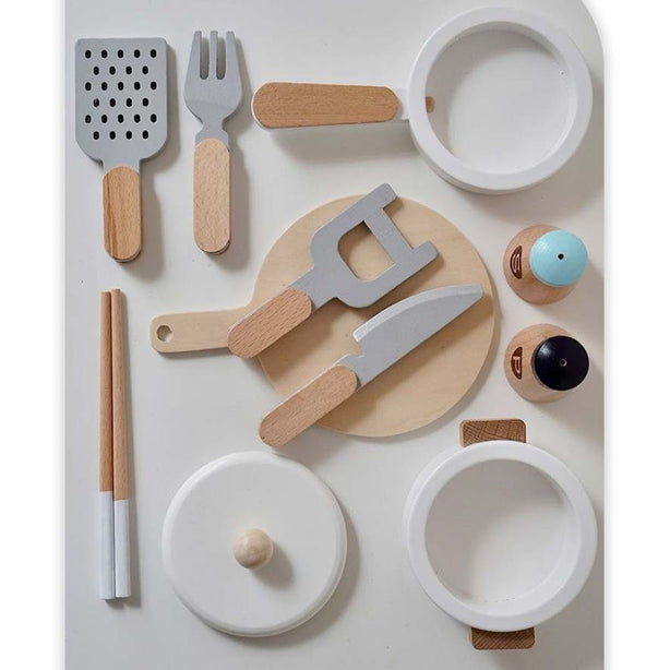 StitchesandTweed Wooden Play Tools for Kids Kitchen, Food Cutting Cooking Toy Set