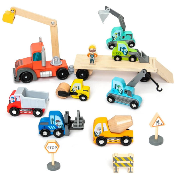 StitchesandTweed Wooden Construction Site Vehicles with Trailer 14 Pc Set