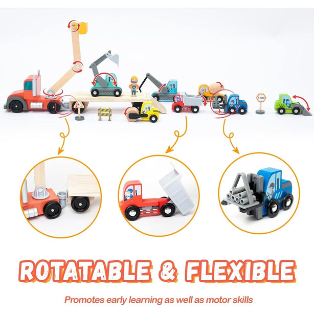 StitchesandTweed Wooden Construction Site Vehicles with Trailer 14 Pc Set
