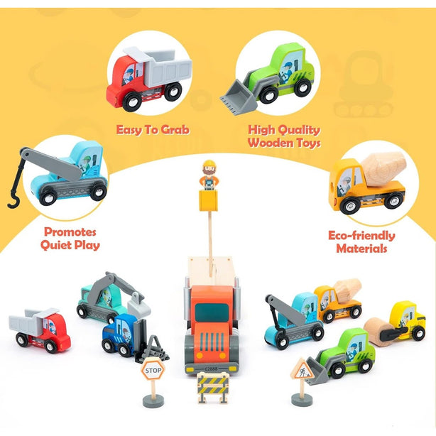 StitchesandTweed Wooden Construction Site Vehicles with Trailer 14 Pc Set