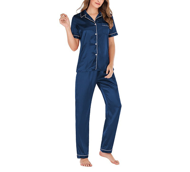 Serenity Satin Short Sleeves & Long Pants PJ Set Navy