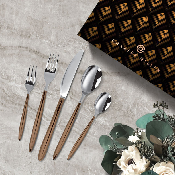 Charles Millen Signature Collection Adelia 20 Piece Cutlery Set, Stainless Steel Mirror Finished With Bronze Handle