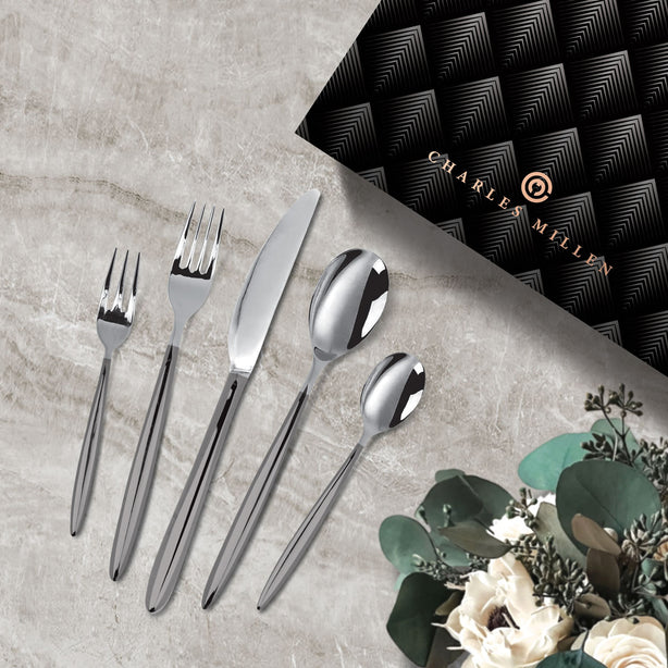Charles Millen Signature Collection Adelia 20 Piece Cutlery Set, Stainless Steel Mirror Finished With Grey Handle