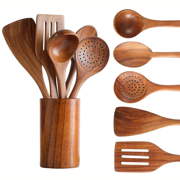 StitchesandTweed Natural Teak Wooden Cooking Spatulas with Utensils Holder 6 Pcs Set